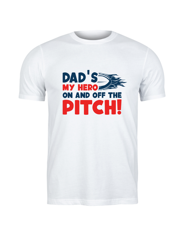 White t-shirt with text 'Dad's my hero on and off the pitch' on a white background with the Cows Corner slogan saying Dad's my hero on and off the pitch