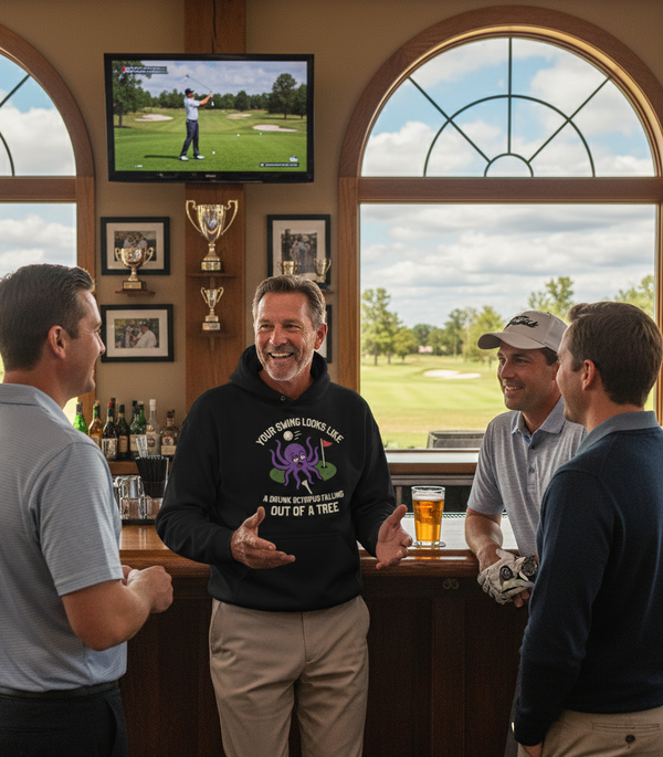 Four men in a bar watching golf on TV with a window view of a golf course. The man is wearing a Cows Corner hoodie with the funny golf slogan 'Your Swing Looks Like a Drunk Octopus Falling out of a Tree'. Cows Corner gifts are perfect for sport-mad fans, these gifts work brilliantly for birthdays, new baby celebrations, Father’s Day, Mother’s Day, Christmas, anniversaries, thank you gifts, end-of-season team awards, graduations, retirements, and just-because moments when you want to raise a smile. 
