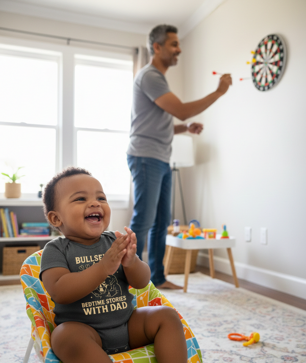 Man playing darts with a child in a room with toys and a dartboard. The young baby is wearing a Cows Corner baby grow with the funny darts slogan that reads 'Bullseyes And Bedtime Stories With Dad.  Cows Corner gifts are perfect for sport-mad fans, these gifts work brilliantly for birthdays, new baby celebrations, Father’s Day, Mother’s Day, Christmas, anniversaries, thank you gifts, end-of-season team awards, graduations, retirements, and just-because moments when you want to raise a smile. 
