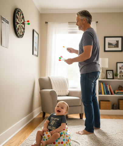 Bullseyes And Bedtime Stories With Dad | Funny Darts Baby Grow