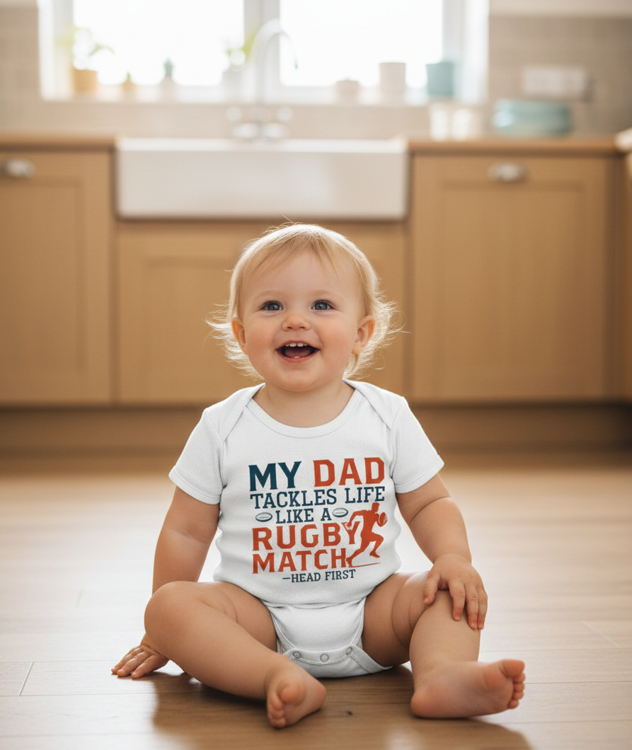 Baby sitting on a wooden floor wearing a onesie with a humorous message.  A Cows corner baby grow with slogan 'My Dad Tackles Life Like a Rugby Match- Head First'. Cows Corner gifts are perfect for sport-mad fans, these gifts work brilliantly for birthdays, new baby celebrations, Father’s Day, Mother’s Day, Christmas, anniversaries, thank you gifts, end-of-season team awards, graduations, retirements, and just-because moments when you want to raise a smile. 
