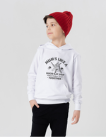 A little boy wearing a white hoodie with Mums Like A Good Bat Grip, Always Holding Things Together on the front. A Funny Cricket T-Shirt, Premium Fabric, Multiple Junior Sizes, Perfect for Boys and Girls
