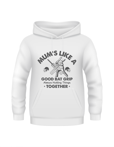 Mums Like A Good Batting Grip, Always Holding Things Together.  Funny Cricket Kids Hoodie, 80% Organic Cotton, 20% Recycled Polyester, Multiple Junior Sizes