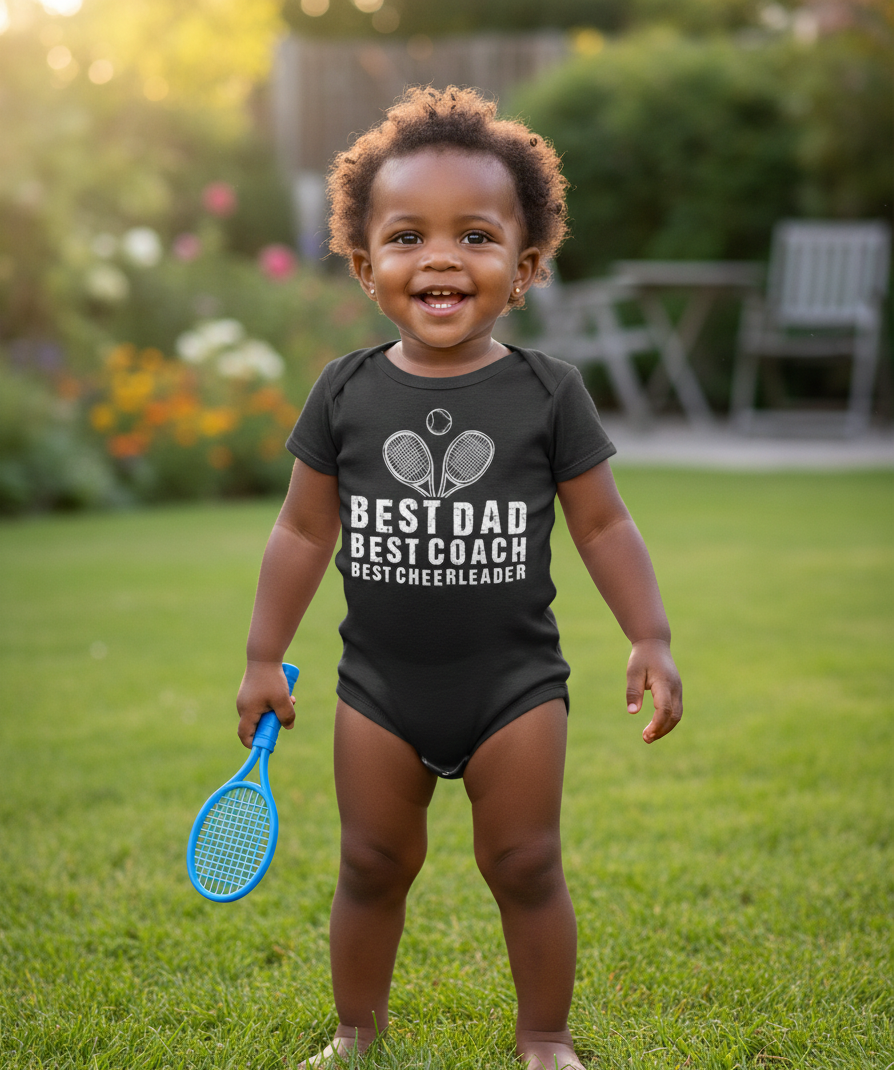 Child wearing a black onesie with text, holding a blue tennis racket in a garden setting. The baby is wearing a Cows Corner baby grow with a funny tennis slogan 'Best Dad, Best Coach, Best Cheerleader'. Cows Corner gifts are perfect for sport-mad fans, these gifts work brilliantly for birthdays, new baby celebrations, Father’s Day, Mother’s Day, Christmas, anniversaries, thank you gifts, end-of-season team awards, graduations, retirements, and just-because moments when you want to raise a smile. 
