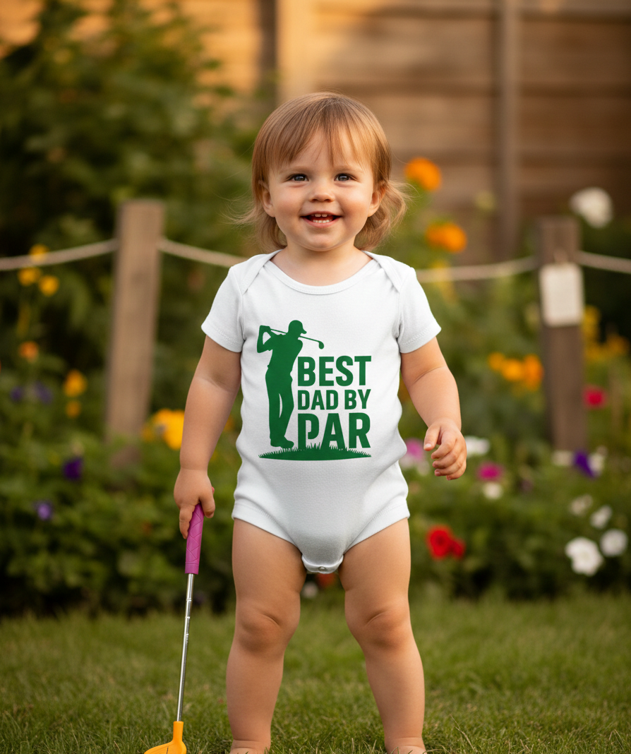 Child wearing a Cows Corner baby grow with the funny golf slogan 'Best Dad by Par'. Cows Corner gifts are perfect for sport-mad fans, these gifts work brilliantly for birthdays, new baby celebrations, Father’s Day, Mother’s Day, Christmas, anniversaries, thank you gifts, end-of-season team awards, graduations, retirements, and just-because moments when you want to raise a smile. 
