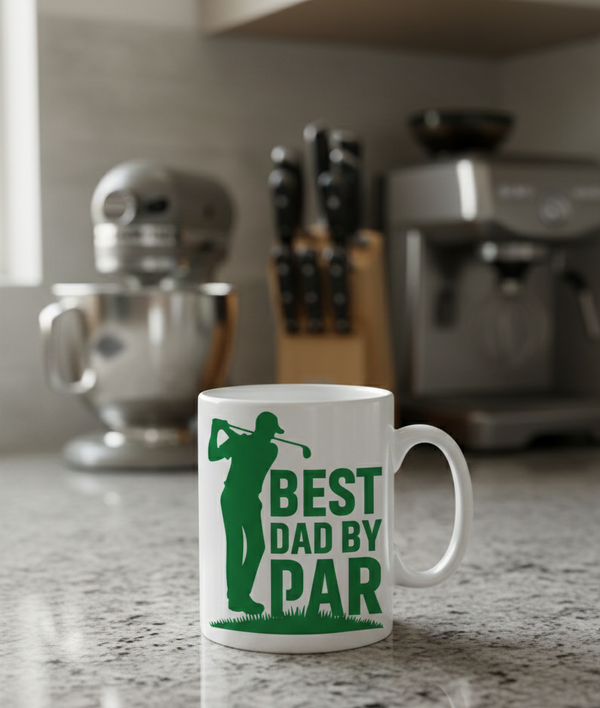 White mug with green text and graphic on a kitchen counter. This is a Cows Corner mug with a funny golf slogan 'Best Dad by Par'. Cows Corner gifts are perfect for sport-mad fans, these gifts work brilliantly for birthdays, new baby celebrations, Father’s Day, Mother’s Day, Christmas, anniversaries, thank you gifts, end-of-season team awards, graduations, retirements, and just-because moments when you want to raise a smile. 
