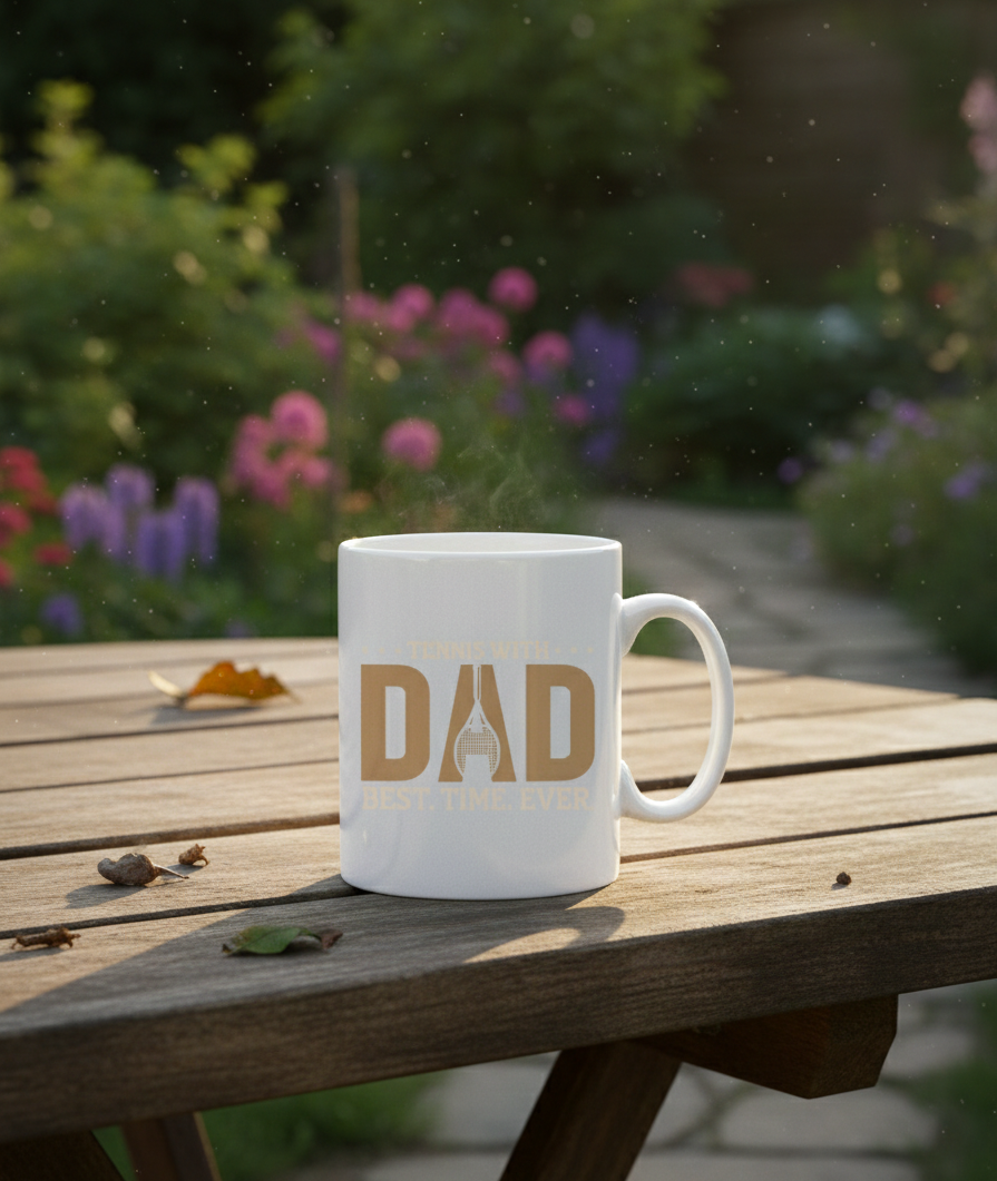 White mug with 'DAD' printed on it on a wooden table with a garden background. This is a Cows Corner mug with a funny tennis slogan 'Tennis with Dad, BEST. TIME. EVER'. Cows Corner gifts are perfect for sport-mad fans, these gifts work brilliantly for birthdays, new baby celebrations, Father’s Day, Mother’s Day, Christmas, anniversaries, thank you gifts, end-of-season team awards, graduations, retirements, and just-because moments when you want to raise a smile. 
