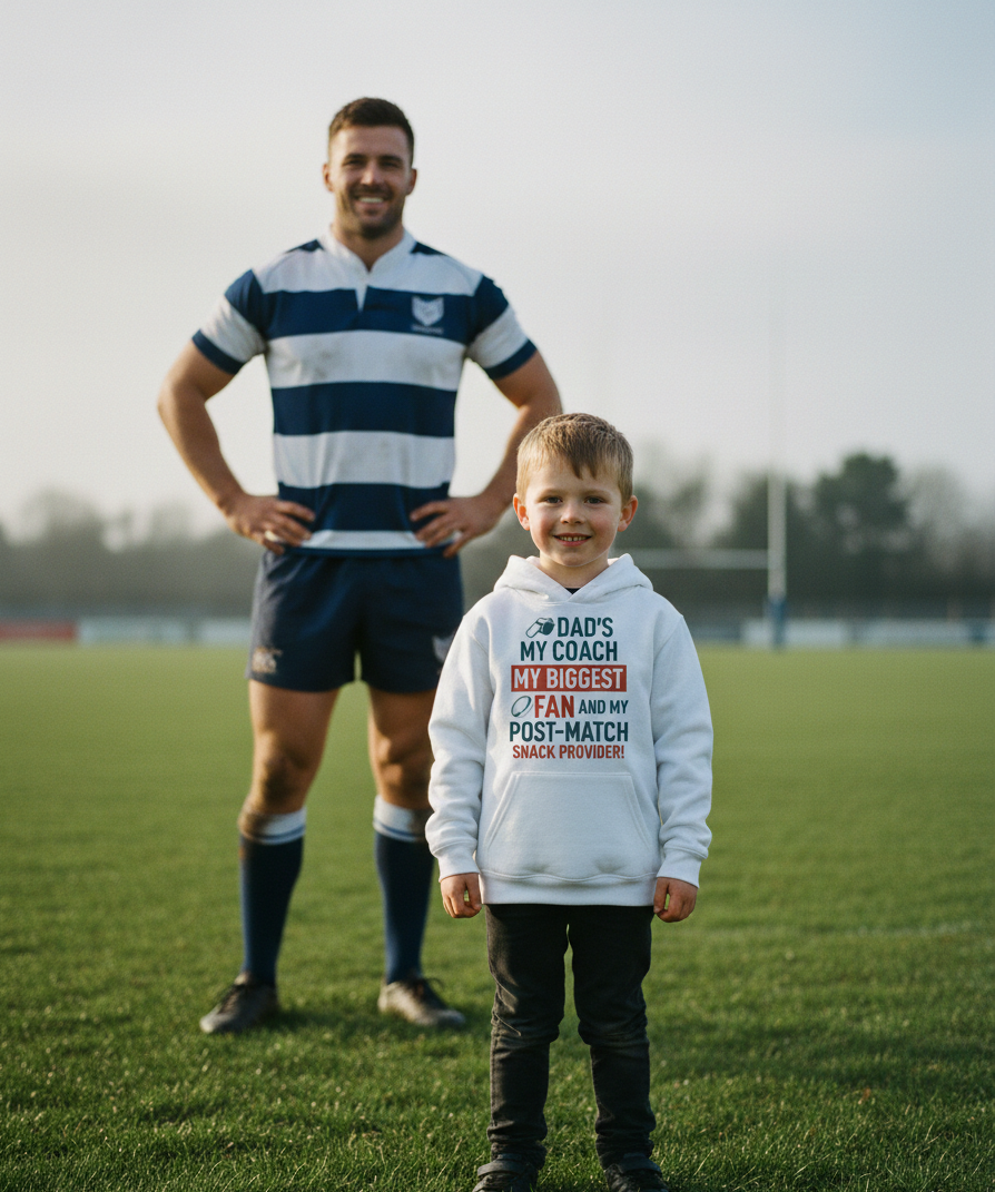 Man and child standing on a sports field with the child wearing a hoodie. The boy is wearing a Cows Corner hoodie with the funny rugby slogan 'Dad’s My Coach My Biggest Fan and My Post-Match Snack Provider!'. Cows Corner gifts are perfect for sport-mad fans, these gifts work brilliantly for birthdays, new baby celebrations, Father’s Day, Mother’s Day, Christmas, anniversaries, thank you gifts, end-of-season team awards, graduations, retirements, and just-because moments when you want to raise a smile. 
