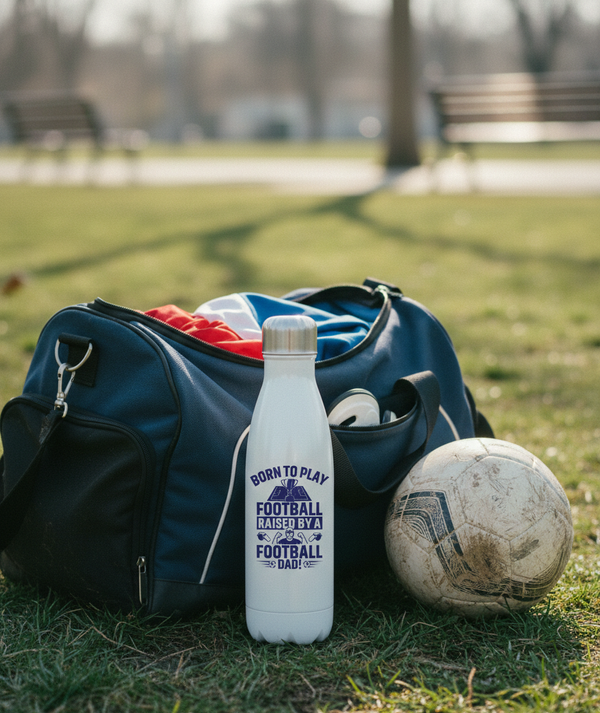 Sports bag with football, water bottle, and sports equipment on grass. This is a Cows Corner water bottle with a funny football slogan 'Born To Play Football. Raised by a Football Dad!'. Cows Corner gifts are perfect for sport-mad fans, these gifts work brilliantly for birthdays, new baby celebrations, Father’s Day, Mother’s Day, Christmas, anniversaries, thank you gifts, end-of-season team awards, graduations, retirements, and just-because moments when you want to raise a smile. 

