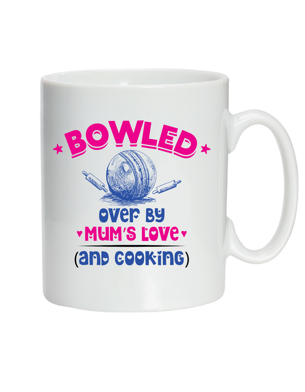 Bowled Over By Mums Love And Cooking.  10oz / 285ml, White Ceramic Mug, Microwave & Dishwasher Safe, Perfect For Your Morning Brew