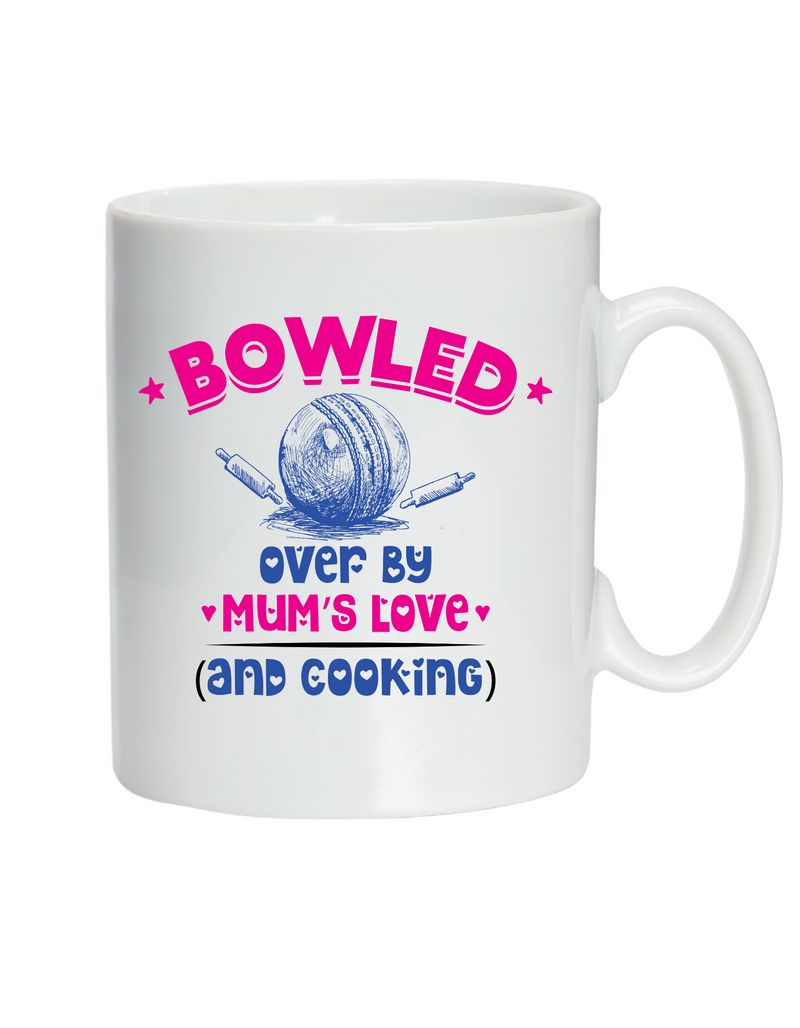 Bowled Over By Mums Love And Cooking.  10oz / 285ml, White Ceramic Mug, Microwave & Dishwasher Safe, Perfect For Your Morning Brew