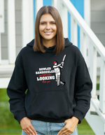 A lady wearing a black hoodie with Bowled & Bamboozled And Still Looking Better Than You on the front, A Funny Hoodie.  Funny Cricket Hoodie, Premium Fabric, Multiple Adult Sizes