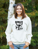 A lady wearing a white hoodie with Bowled Over By Love on the front. A Cricket Hoodie.  Funny Cricket Hoodie, Premium Fabric, Multiple Adult Sizes