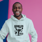 A man wearing a white hoodie with Bowled Over By Love on the front. A Cricket Hoodie.  Funny Cricket Hoodie, Premium Fabric, Multiple Adult Sizes
