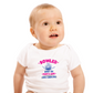 A baby wearing a baby grow with Bowled Over by Mums Love and Cooking, on the front – Funny Cricket Baby Bodysuit, Organic or In-Conversion to Organic Cotton, Self Fabric Bound Neckline, Cuffs and Leg Openings.