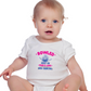 A baby wearing a baby grow with Bowled Over by Mums Love and Cooking, on the front – Funny Cricket Baby Bodysuit, Organic or In-Conversion to Organic Cotton, Self Fabric Bound Neckline, Cuffs and Leg Openings.