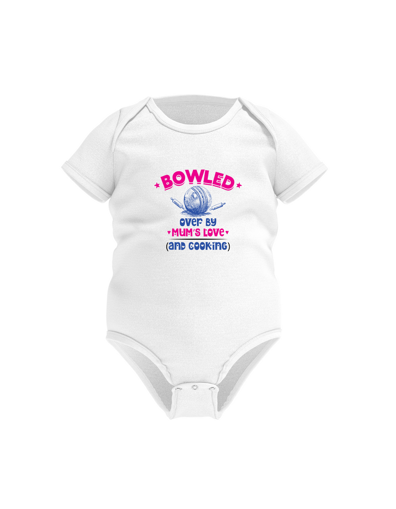 Bowled Over by Mums Love and Cooking – Funny Cricket Baby Bodysuit, Organic or In-Conversion to Organic Cotton, Self Fabric Bound Neckline, Cuffs and Leg Openings.