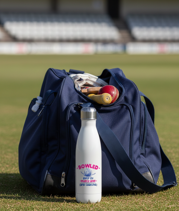 Navy sports bag with cricket equipment on a grass field, featuring a 'Bowled' branded water bottle. This is a Cows Corner water bottle with the funny cricket slogan 'Bowled Over by My Mum’s Love & Cooking'. Cows Corner gifts are perfect for sport-mad fans, these gifts work brilliantly for birthdays, new baby celebrations, Father’s Day, Mother’s Day, Christmas, anniversaries, thank you gifts, end-of-season team awards, graduations, retirements, and just-because moments when you want to raise a smile. 
