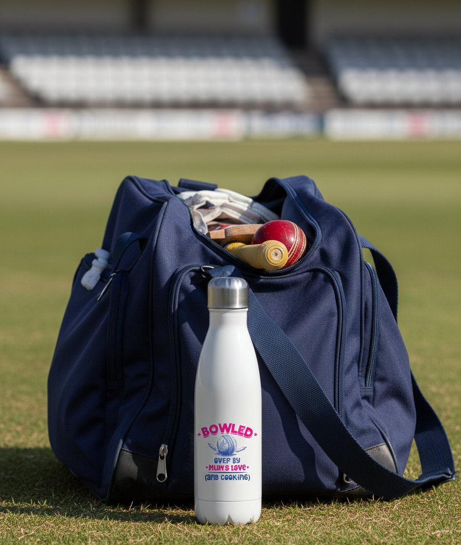 Navy sports bag with cricket equipment on a grass field, featuring a 'Bowled' branded water bottle. This is a Cows Corner water bottle with the funny cricket slogan 'Bowled Over by My Mum’s Love & Cooking'. Cows Corner gifts are perfect for sport-mad fans, these gifts work brilliantly for birthdays, new baby celebrations, Father’s Day, Mother’s Day, Christmas, anniversaries, thank you gifts, end-of-season team awards, graduations, retirements, and just-because moments when you want to raise a smile. 

