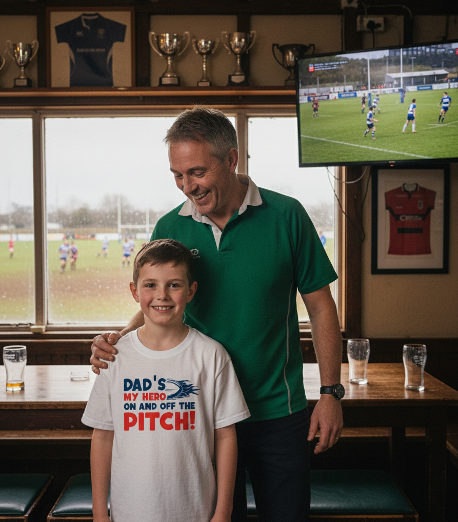 Man and young boy standing together in a pub with a TV showing a sports match. The boy is wearing a Cows Corner t-shirt with the funny rugby slogan on the front that reads 'Dad’s My Hero on and off the Pitch!'. Cows Corner gifts are perfect for sport-mad fans, these gifts work brilliantly for birthdays, new baby celebrations, Father’s Day, Mother’s Day, Christmas, anniversaries, thank you gifts, end-of-season team awards, graduations, retirements, and just-because moments when you want to raise a smile. 
