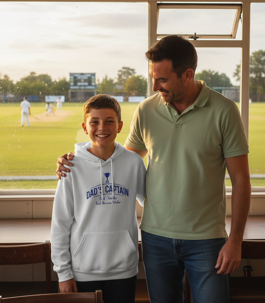 Man and young boy standing together with a baseball field in the background The boy is wearing a Cows Corner hoodie with the funny cricket slogan 'Dad's Captain, But I'm The Real Decision-maker'. Cows Corner gifts are perfect for sport-mad fans, these gifts work brilliantly for birthdays, new baby celebrations, Father’s Day, Mother’s Day, Christmas, anniversaries, thank you gifts, end-of-season team awards, graduations, retirements, and just-because moments when you want to raise a smile. 

