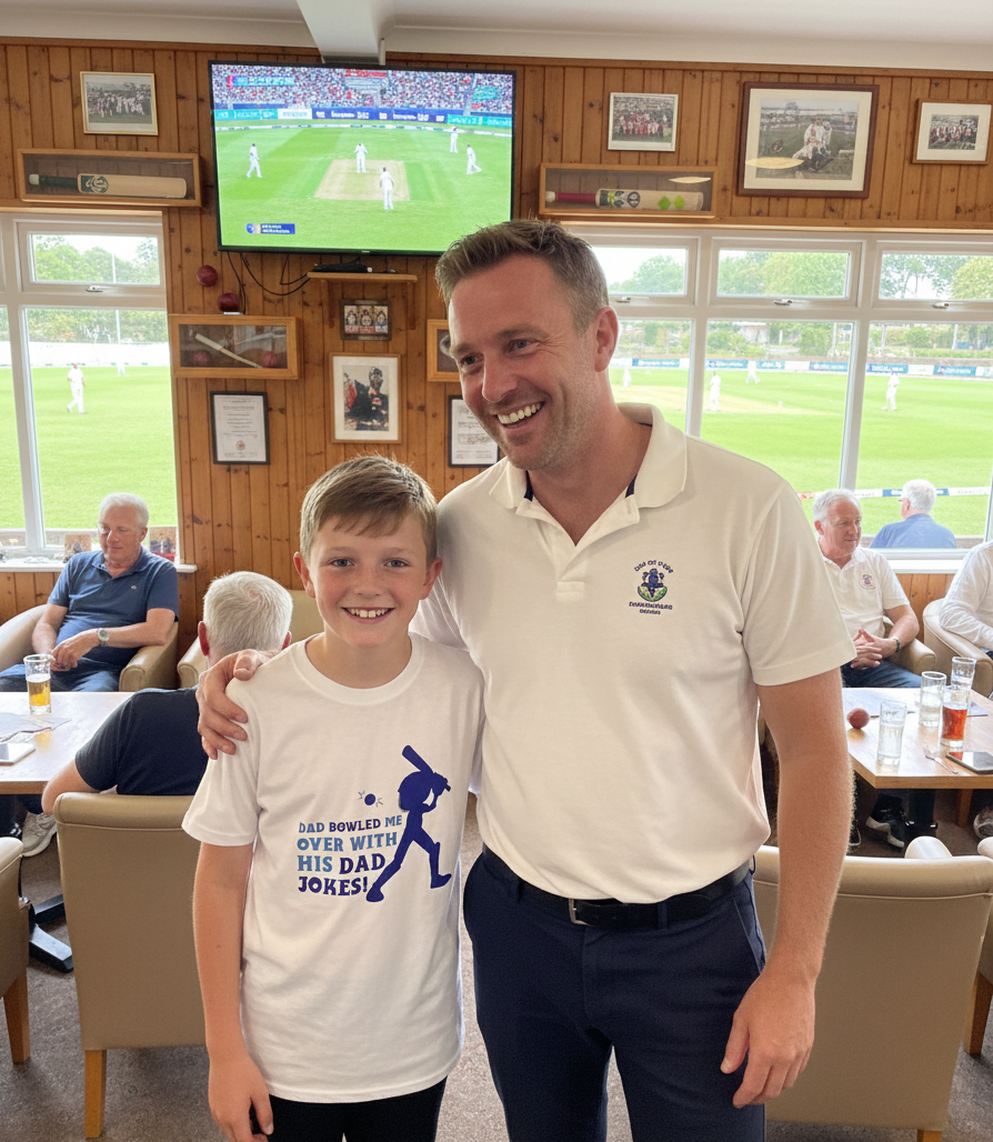 Two men standing together in a room with a television showing a cricket match. The young boy is wearing a Cows Corner t-shirt with the funny and sweet cricket slogan on the front that reads 'Dad Bowled Me Over With His Dad Jokes' Cows Corner gifts are perfect for sport-mad fans who love a bit of humour and personality in their presents. They’re ideal for friends, partners, parents, coaches, teammates, and proud mums and dads who live and breathe sport