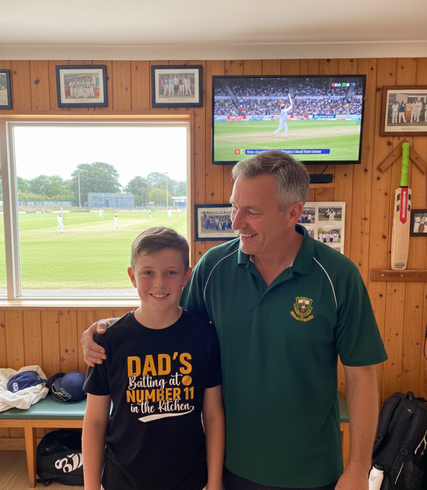 Man and young boy standing together in a room with a TV showing a cricket match.  The young boy is wearing a Cows Corner funny cricket t-shirt with the funny and sweet cricket slogan on the front that reads 'Dads Batting At Number 11 In The Kitchen'