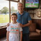 Man and young boy standing together in a room with a television showing cricket, with the boy wearing a shirt about cricket.  The young boy is wearing a Cows Corner t-shirt with the funny and sweet cricket saying on the front that reads 'Dads like a cricket helmet always protecting me'