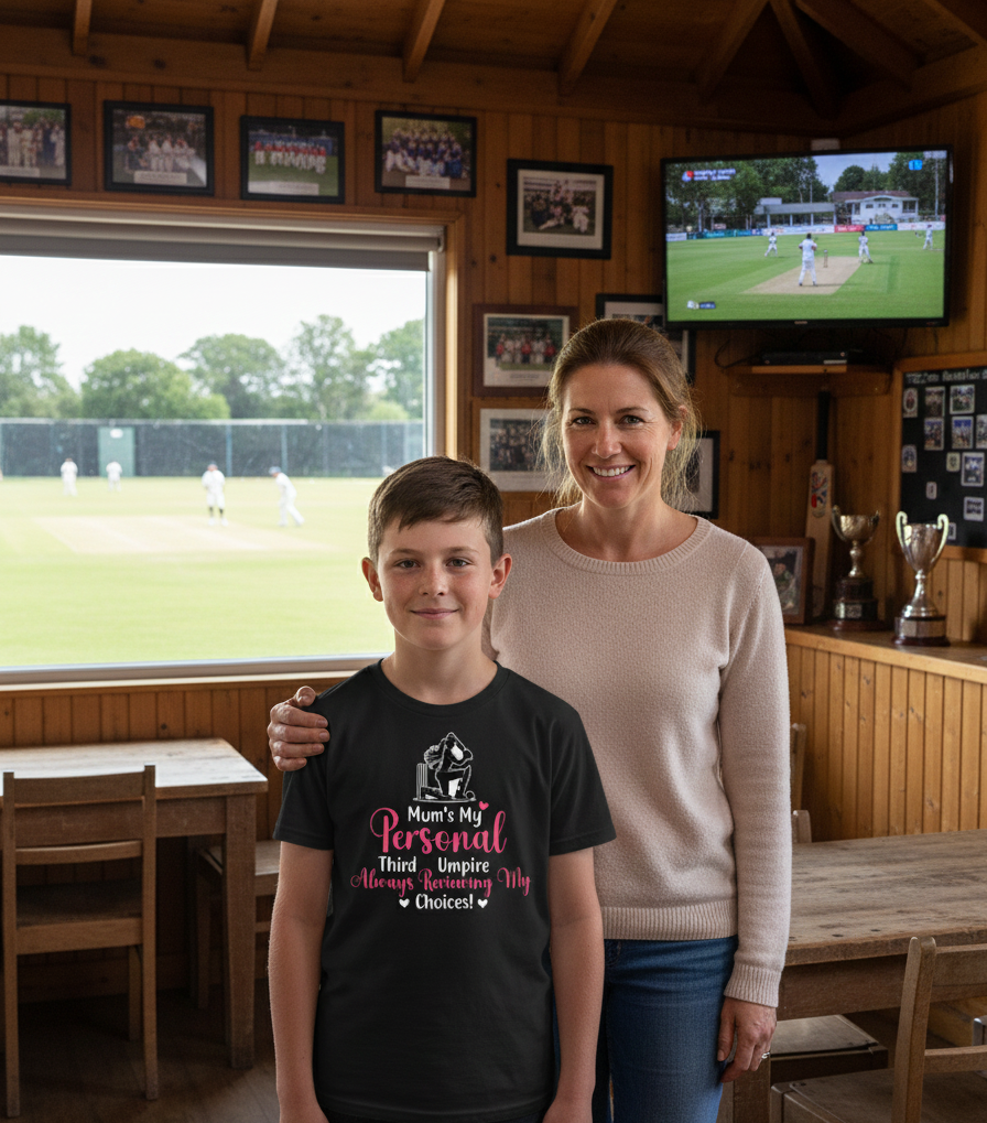 Woman and child standing together in a room with a sports field view, smiling at the camera.  The young boy is wearing a Cows Corner t-shirt with the funny and sweet cricket saying on the front that reads 'Mum's My Personal Third Umpire, Always Reviewing My Choices 