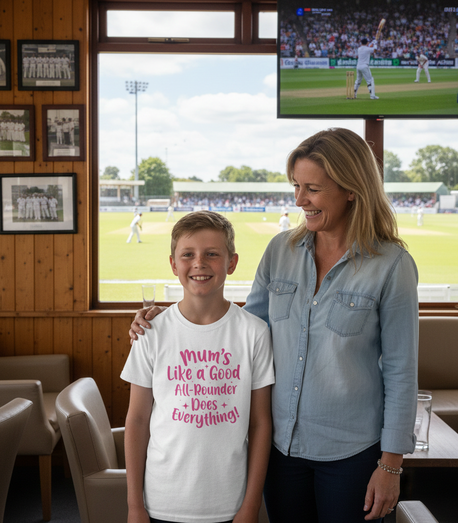 Woman and child in a sports bar watching a cricket match on television.  The young boy is wearing a Cows Corner t-shirt with the funny and sweet cricket slogan on the front that reads 'Mums Like A Good All-rounder, Does Everything'