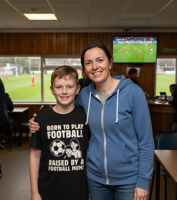 Woman and child standing together in a sports facility with a television screen showing a football match.  The boy is wearing a Cows Corner T-shirt with the funny and sweet football slogan on the front that reads 'Born To Play Football Raised by a Football Mum!'. Cows Corner gifts are perfect for sport-mad fans, these gifts work brilliantly for birthdays, new baby celebrations, Father’s Day, Mother’s Day, Christmas, anniversaries, thank you gifts, end-of-season team awards, graduations, retirements