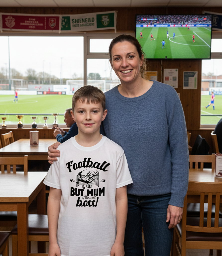 Woman and child in a sports bar with a TV showing a football match.  The boy is wearing a Cows Corner T-shirt with the funny and sweet football slogan on the front that reads 'Football Is Life but Mum Is the Real Boss'.  Cows Corner gifts are perfect for sport-mad fans, these gifts work brilliantly for birthdays, new baby celebrations, Father’s Day, Mother’s Day, Christmas, anniversaries, thank you gifts, end-of-season team awards, graduations, retirements, and just-because moments when you want to 