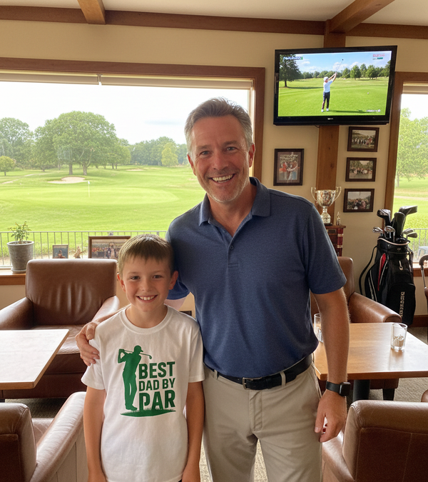 Man and young boy standing together in a golf-themed room with a TV screen showing a golf game. The boy is wearing a Cows Corner t-shirt with a funny and sweet golf saying on the front that reads 'Best Dad by Par'. Cows Corner gifts are perfect for sport-mad fans, these gifts work brilliantly for birthdays, new baby celebrations, Father’s Day, Mother’s Day, Christmas, anniversaries, thank you gifts, end-of-season team awards, graduations, retirements, and just-because moments when you want to raise a smile.