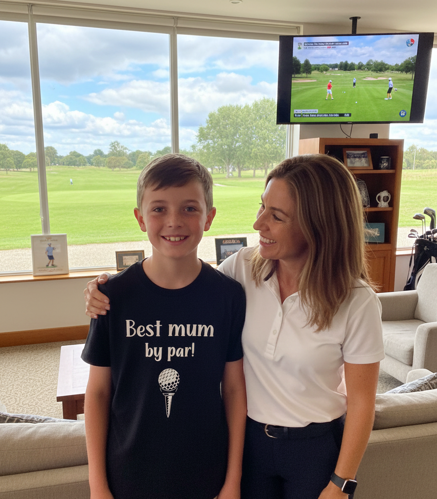Woman and child in a living room with a TV showing golf on a screen. The boy is wearing a Cows Corner t-shirt that has a funny and sweet golf saying on the front that reads 'Best Mum by Par'. Cows Corner gifts are perfect for sport-mad fans, these gifts work brilliantly for birthdays, new baby celebrations, Father’s Day, Mother’s Day, Christmas, anniversaries, thank you gifts, end-of-season team awards, graduations, retirements, and just-because moments when you want to raise a smile. 

