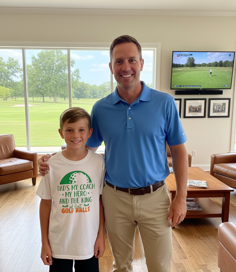 Man and young boy standing in a living room with a TV showing golf on the wall. The boy is wearing a Cows Corner t-shirt that has a funny and sweet golf saying on the front that reads 'Dads My Coach, My Hero and the King of Lost Golf Balls'. Cows Corner gifts are perfect for sport-mad fans, these gifts work brilliantly for birthdays, new baby celebrations, Father’s Day, Mother’s Day, Christmas, anniversaries, thank you gifts, end-of-season team awards, graduations, retirements, and just-because moments