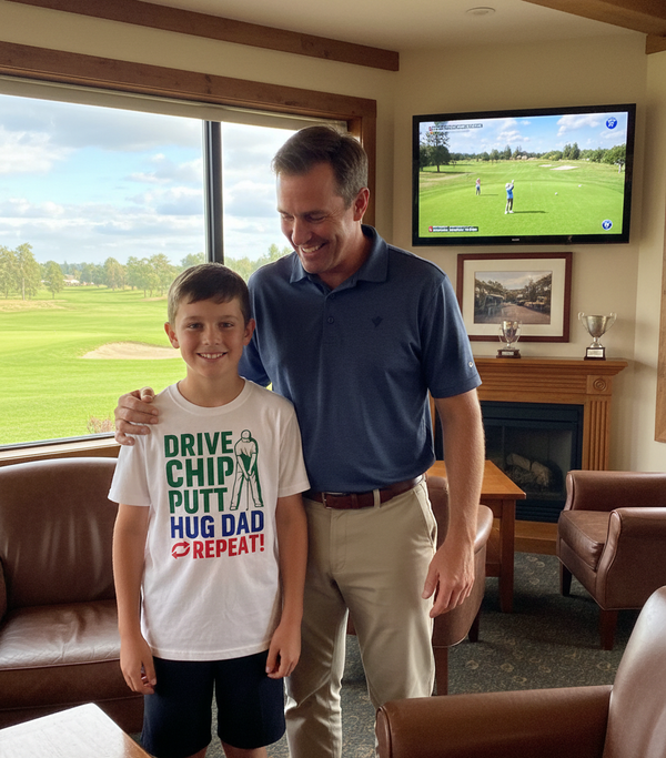 Man and young boy standing together in a living room with a TV showing a golf game. The boy is wearing a Cows Corner t-shirt with a funny and sweet golf saying on the front that reads 'Drive Chip Putt Hug Dad Repeat!'. Cows Corner gifts are perfect for sport-mad fans, these gifts work brilliantly for birthdays, new baby celebrations, Father’s Day, Mother’s Day, Christmas, anniversaries, thank you gifts, end-of-season team awards, graduations, retirements, and just-because moments