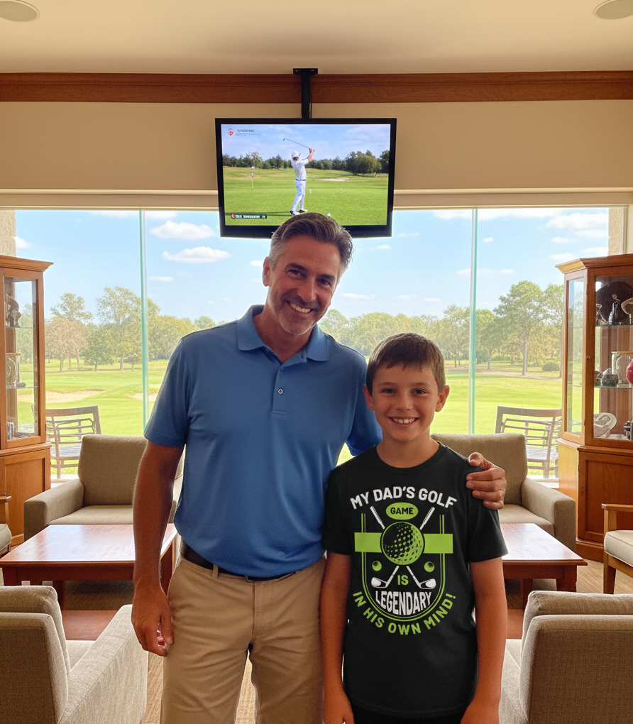 Man and young boy standing in a living room with a TV showing a golf game. The boy is wearing a Cows Corner t-shirt with a funny and sweet golf saying on the front that reads 'My Dad’s Golf Game Is Legendary in His Own Mind!'  Cows Corner gifts are perfect for sport-mad fans, these gifts work brilliantly for birthdays, new baby celebrations, Father’s Day, Mother’s Day, Christmas, anniversaries, thank you gifts, end-of-season team awards, graduations, retirements, and just-because moments 