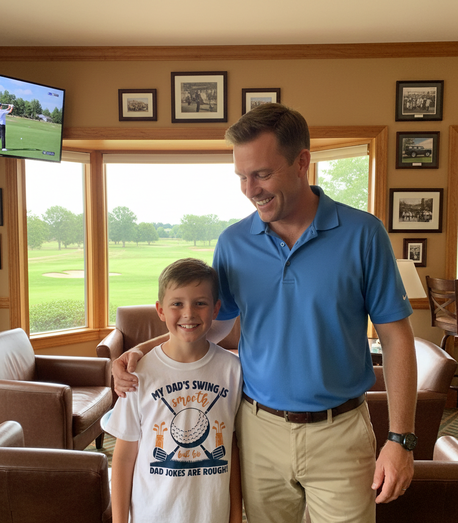 Man and young boy standing together in a golf-themed room with a TV screen showing a golf course. The boy is wearing a Cows Corner t-shirt with a funny and sweet golf slogan on the front that reads 'My Dad’s Swing Is Smooth but His Dad Jokes Are Rough!'  Cows Corner gifts are perfect for sport-mad fans, these gifts work brilliantly for birthdays, new baby celebrations, Father’s Day, Mother’s Day, Christmas, anniversaries, thank you gifts, end-of-season team awards, graduations, retirements, and just-because