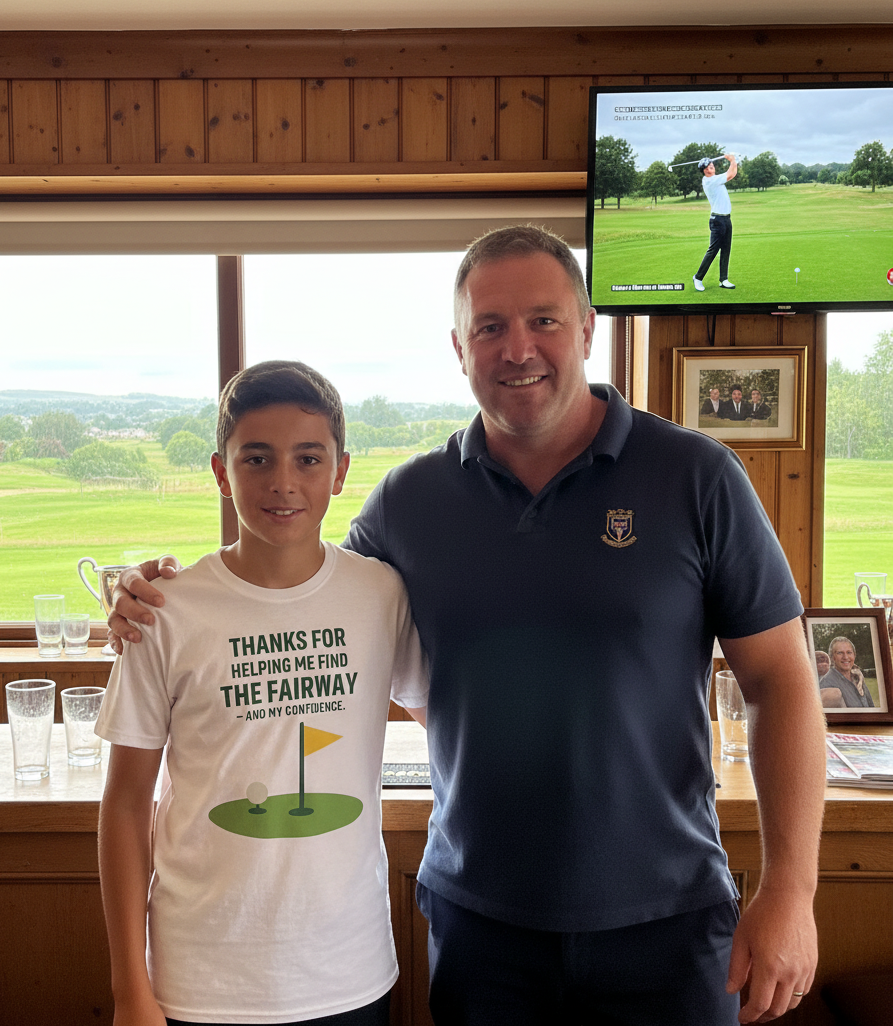 Two men standing together with a TV screen showing a golf game in the background. The boy is wearing a Cows Corner t-shirt with the golf coach slogan on the front that reads 'Thanks for Helping Me for the Fairway – and My Confidence'. Cows Corner gifts are perfect for sport-mad fans, these gifts work brilliantly for birthdays, new baby celebrations, Father’s Day, Mother’s Day, Christmas, anniversaries, thank you gifts, end-of-season team awards, graduations, retirements, and just-because moments 