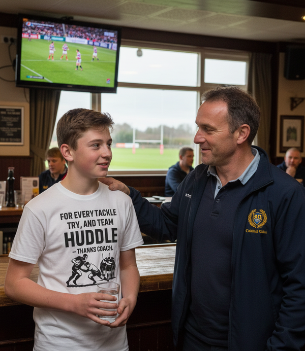 Man and young boy standing together in a pub with a TV showing a sports match in the background. The boy is wearing a Cows Corner t-shirt with the Rugby slogan on the front that reads 'For Every Tackle, Try and Team Huddle – Thanks Coach'. Cows Corner gifts are perfect for sport-mad fans, these gifts work brilliantly for birthdays, new baby celebrations, Father’s Day, Mother’s Day, Christmas, anniversaries, thank you gifts, end-of-season team awards, graduations, retirements, and just-because moments 