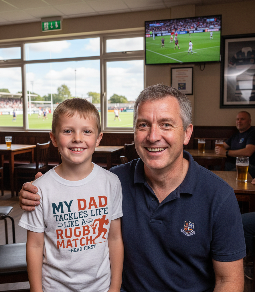 Man and young boy sitting together in a sports bar with a TV showing a rugby match. The boy is wearing a Cows Corner t-shirt with the funny and sweet rugby slogan on the front that reads 'My Dad Tackles Life Like a Rugby Match- Head First'. Cows Corner gifts are perfect for sport-mad fans, these gifts work brilliantly for birthdays, new baby celebrations, Father’s Day, Mother’s Day, Christmas, anniversaries, thank you gifts, end-of-season team awards, graduations, retirements, and just-because moments 