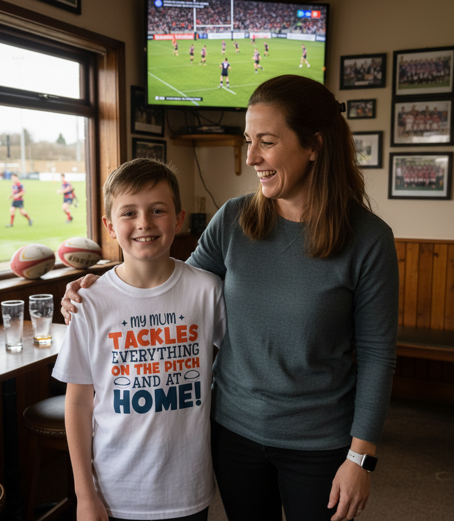 Woman and child in a sports-themed room with a TV showing a game. The boy is wearing a Cows Corner t-shirt with the funny and sweet rugby slogan on the front that reads 'My Mum Tackles Everything on the Pitch and at Home!'.  Cows Corner gifts are perfect for sport-mad fans, these gifts work brilliantly for birthdays, new baby celebrations, Father’s Day, Mother’s Day, Christmas, anniversaries, thank you gifts, end-of-season team awards, graduations, retirements, and just-because moments 