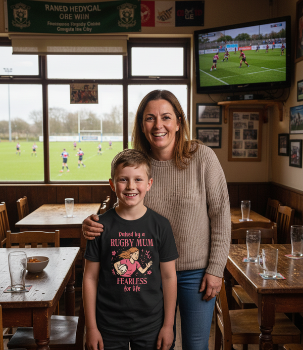 Woman and child in a pub with a television showing a rugby match. The boy is wearing a Cows Corner t-shirt with the funny and sweet rugby slogan 'Mum Rucks, Mum Tackles, Mum Wins at Life!'. Cows Corner gifts are perfect for sport-mad fans, these gifts work brilliantly for birthdays, new baby celebrations, Father’s Day, Mother’s Day, Christmas, anniversaries, thank you gifts, end-of-season team awards, graduations, retirements, and just-because moments when you want to raise a smile. 

