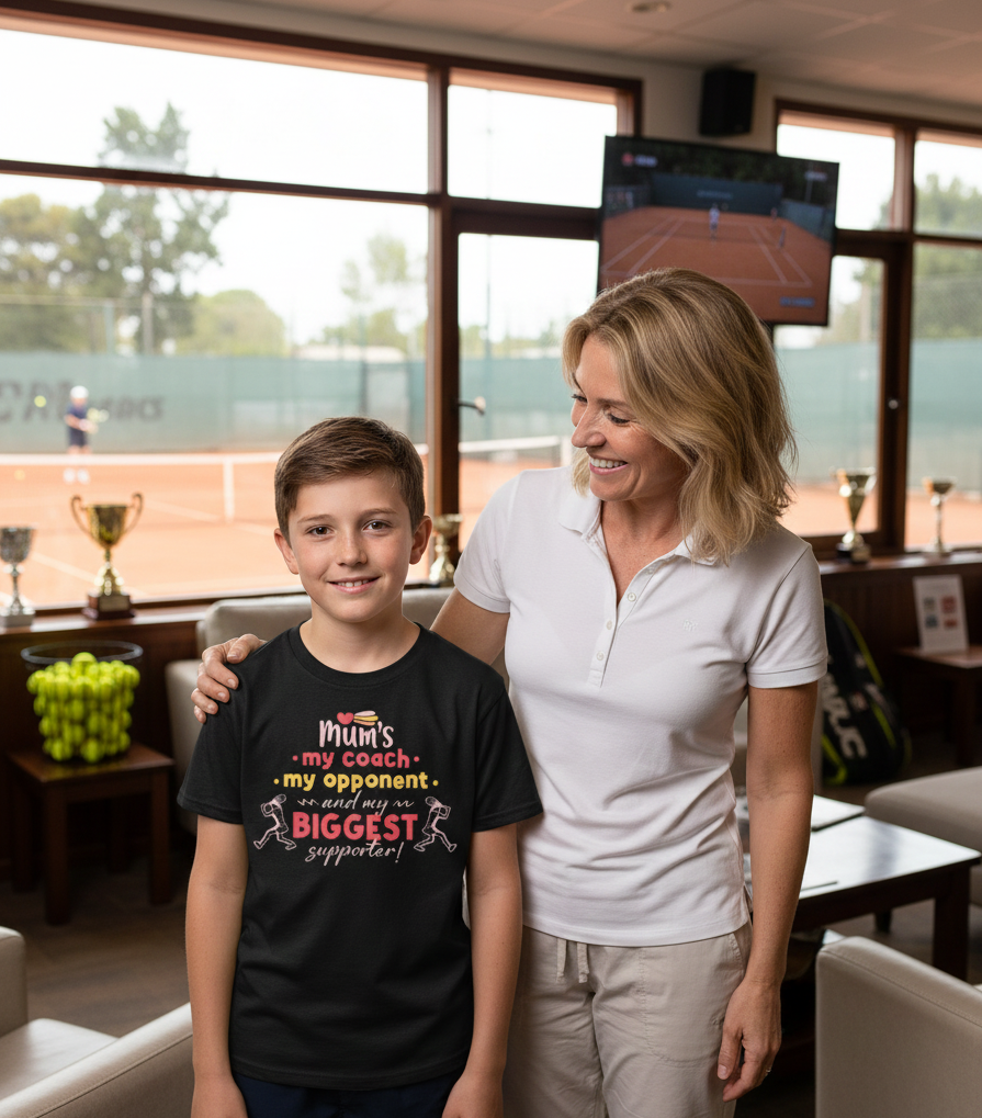 Woman and child standing together in a tennis club with a TV screen in the background. The boy is wearing a Cows Corner t-shirt with the funny and sweet tennis slogan on the front that reads 'Mums My Coach, My Opponent and My Biggest Supporter'.  Cows Corner gifts are perfect for sport-mad fans, these gifts work brilliantly for birthdays, new baby celebrations, Father’s Day, Mother’s Day, Christmas, anniversaries, thank you gifts, end-of-season team awards, graduations, retirements, and just-because moments