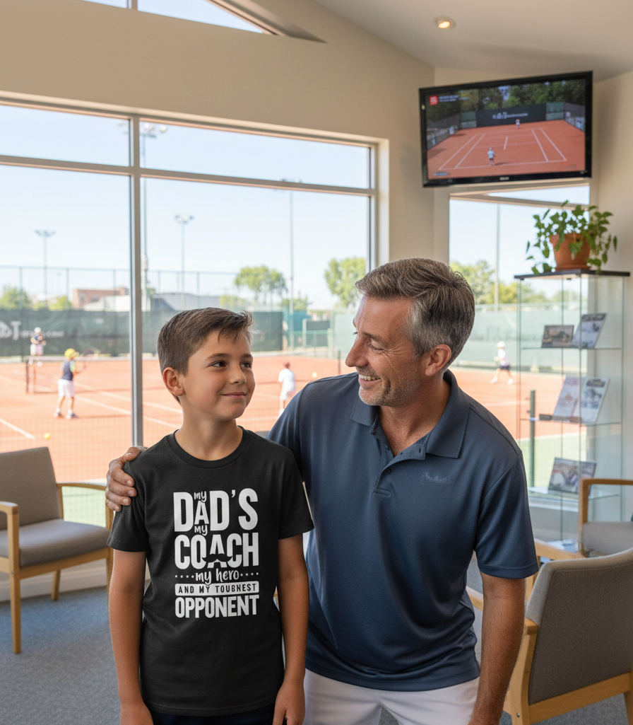 Man and young boy standing together in a room with a tennis court view, wearing a shirt with text.  The boy is wearing a Cows Corner T-shirt with a funny tennis slogan on the front that reads 'My Dads My Coach, My Hero And My Toughest Opponent'.  Cows Corner gifts are perfect for sport-mad fans, these gifts work brilliantly for birthdays, new baby celebrations, Father’s Day, Mother’s Day, Christmas, anniversaries, thank you gifts, end-of-season team awards, graduations, retirements, and just-because moments