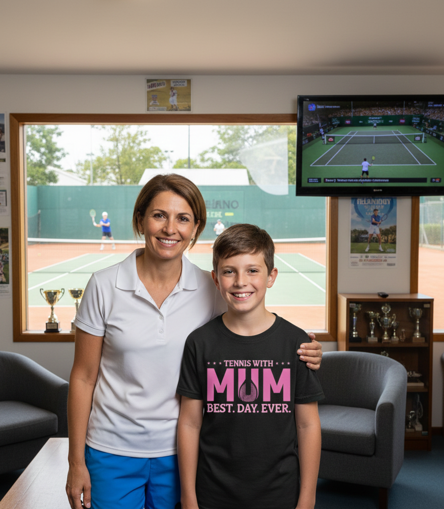 Woman and young boy standing together in a room with a tennis court visible through a window.  The boy is wearing a Cows Corner T-shirt with the funny and sweet tennis slogan on the front that reads 'Tennis with Mums. Best. Day. Ever!'  Cows Corner gifts are perfect for sport-mad fans, these gifts work brilliantly for birthdays, new baby celebrations, Father’s Day, Mother’s Day, Christmas, anniversaries, thank you gifts, end-of-season team awards, graduations, retirements, and just-because moments