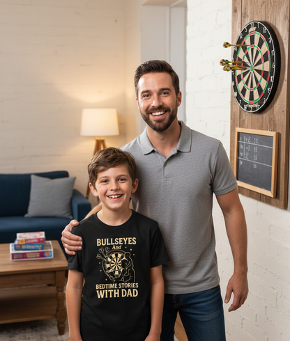 The boy is wearing a Cows Corner t-shirt with the funny darts slogan that reads Bullseyes And Bedtime Stories With Dad.  Cows Corner gifts are perfect for sport-mad fans, these gifts work brilliantly for birthdays, new baby celebrations, Father’s Day, Mother’s Day, Christmas, anniversaries, thank you gifts, end-of-season team awards, graduations, retirements, and just-because moments when you want to raise a smile. 
