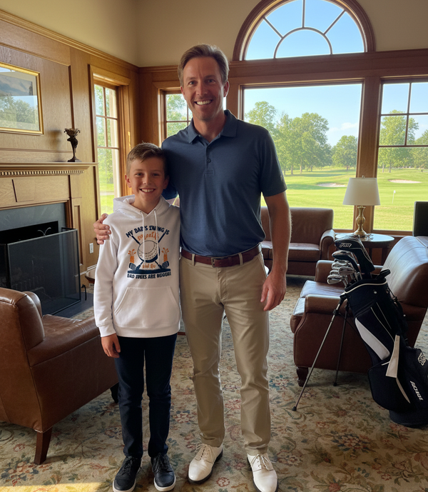 Man and young boy standing together in a living room with a golf bag and club in the background. The boy is wearing a Cows Corner hoodie with a funny golf slogan 'My Dad’s Swing Is Smooth but His Dad Jokes Are Rough!'. Cows Corner gifts are perfect for sport-mad fans, these gifts work brilliantly for birthdays, new baby celebrations, Father’s Day, Mother’s Day, Christmas, anniversaries, thank you gifts, end-of-season team awards, graduations, retirements, and just-because moments when you want to raise 