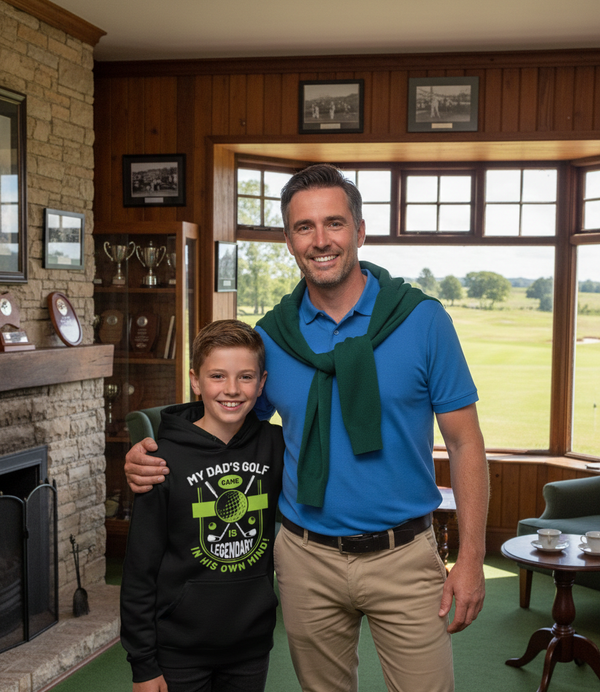 Man and young boy standing together in a room with a view of a golf course. The boy is wearing a Cows Corner hoodie with the funny golf slogan 'My Dad’s Golf Game Is Legendary in His Own Mind!'. Cows Corner gifts are perfect for sport-mad fans, these gifts work brilliantly for birthdays, new baby celebrations, Father’s Day, Mother’s Day, Christmas, anniversaries, thank you gifts, end-of-season team awards, graduations, retirements, and just-because moments when you want to raise a smile. 
  