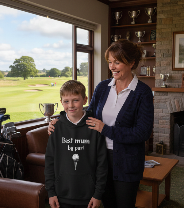 Woman and child standing in a golf club lounge with trophies and a view of the golf course. The boy is wearing a Cows Corner hoodie with a funny golf slogan 'Best Mum by Par'. Cows Corner gifts are perfect for sport-mad fans, these gifts work brilliantly for birthdays, new baby celebrations, Father’s Day, Mother’s Day, Christmas, anniversaries, thank you gifts, end-of-season team awards, graduations, retirements, and just-because moments when you want to raise a smile. 
